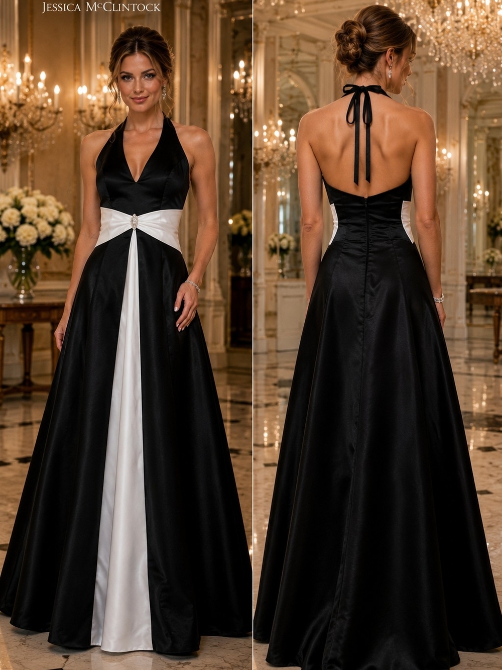 Vintage Scott McClintock Black & White Satin Halter Formal Gown Sz 4